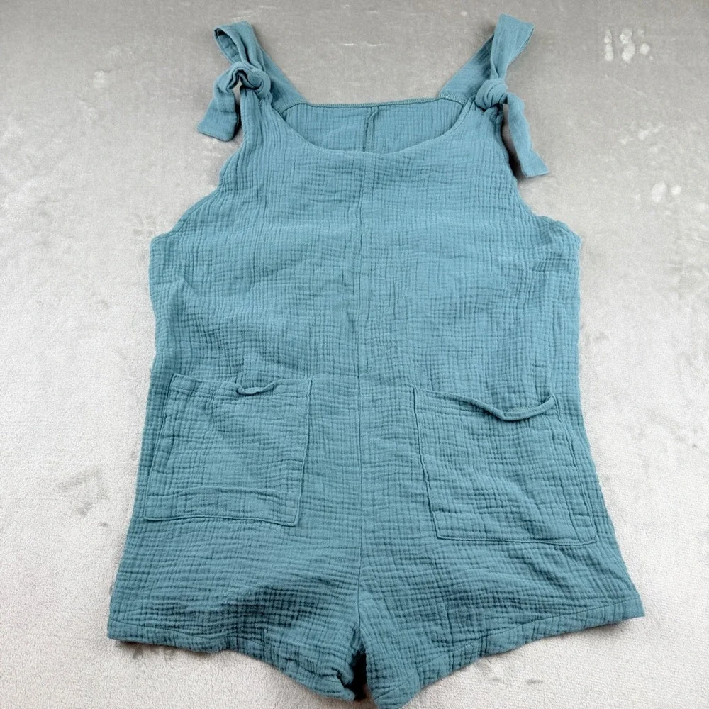 Women's Small Teal Blue Cotton Gauze Romper Tie Shoulder Pocket Jumpsuit
